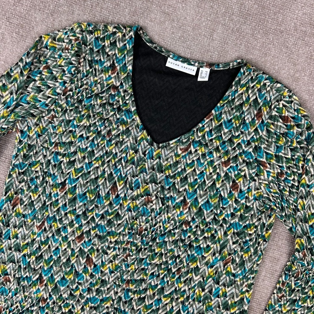Susan Graver Tunic Blouse Top Womens XS Multicolor Zigzag Pattern Comfort V-Neck